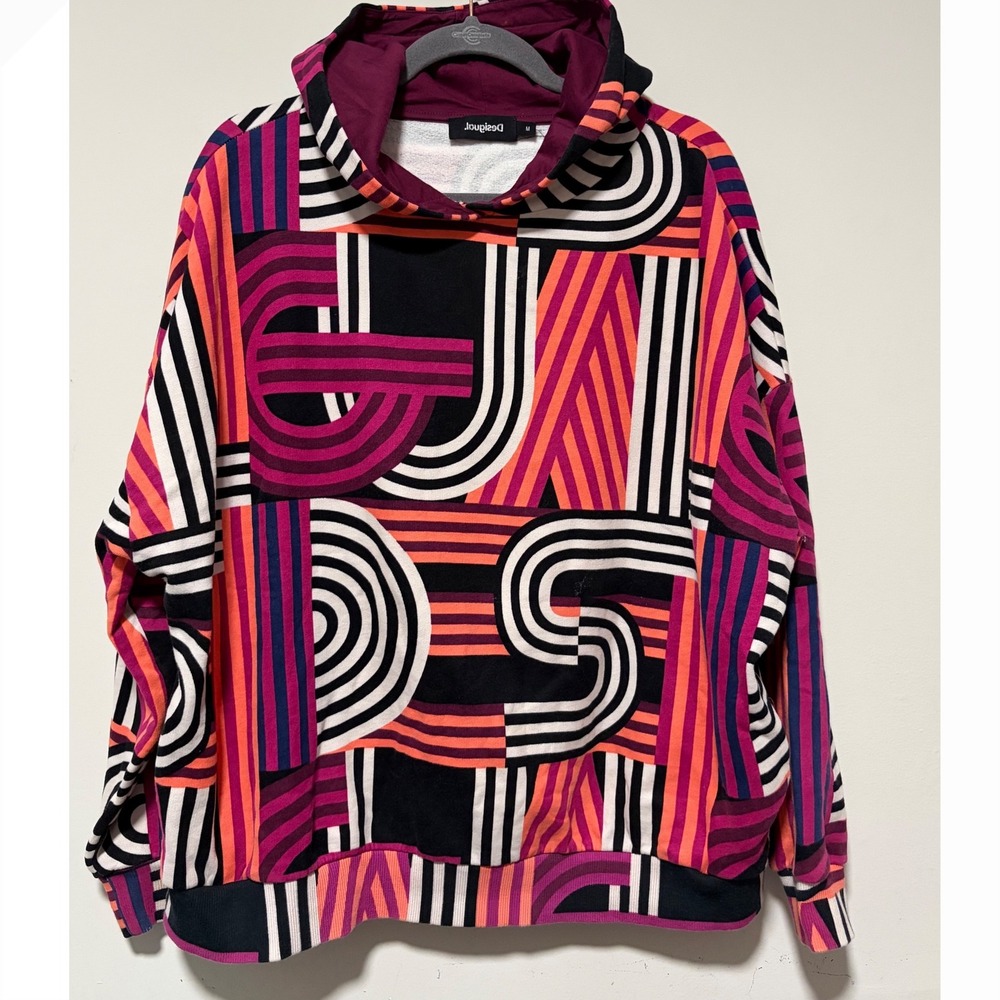 Desigual Womens Geometric Graphic Print Hoodie Sweatshirt Pink Orange M 22SWSKX2